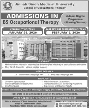 Admission notice for Jinnah Sindh Medical University Karachi